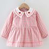 Pink Grid Baby Smock Infant Eating Inner Waterproof Bib Girls Long Sleeve Painting Smock Apron