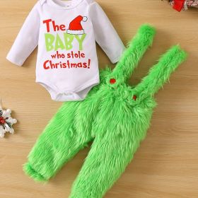 Adorable Baby Christmas Outfit - Funny Graphic Crew Neck Long Sleeve Romper + Green Fuzzy Suspender Pants Clothes Set (Color: Grass Green, size: 3-6M)