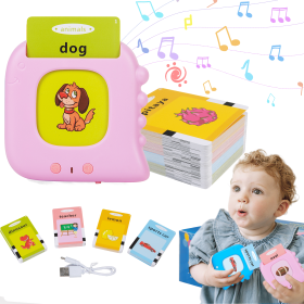 Toddler Flash Cards Learning Toys: 2-6 Age Year Old Boy Girl Talking Educational Preschool Reading Machine - 112 Pcs Flash Cards 224 Word for Birthday (Color: Pink)