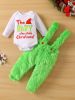 Adorable Baby Christmas Outfit - Funny Graphic Crew Neck Long Sleeve Romper + Green Fuzzy Suspender Pants Clothes Set